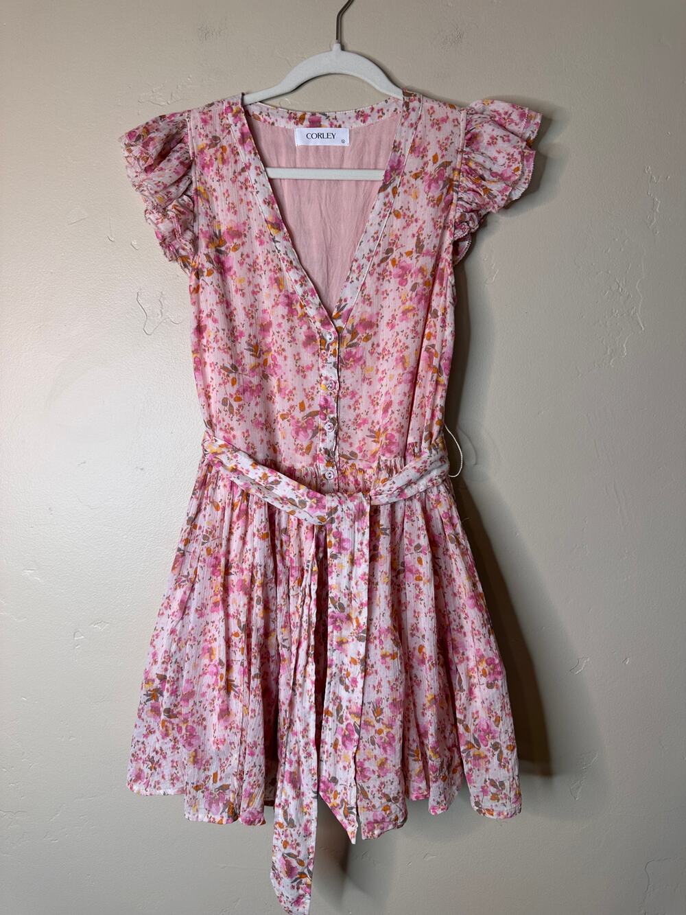 Boutique Pink Floral Mini Dress Ruffle Sleeves Button Front SMALL